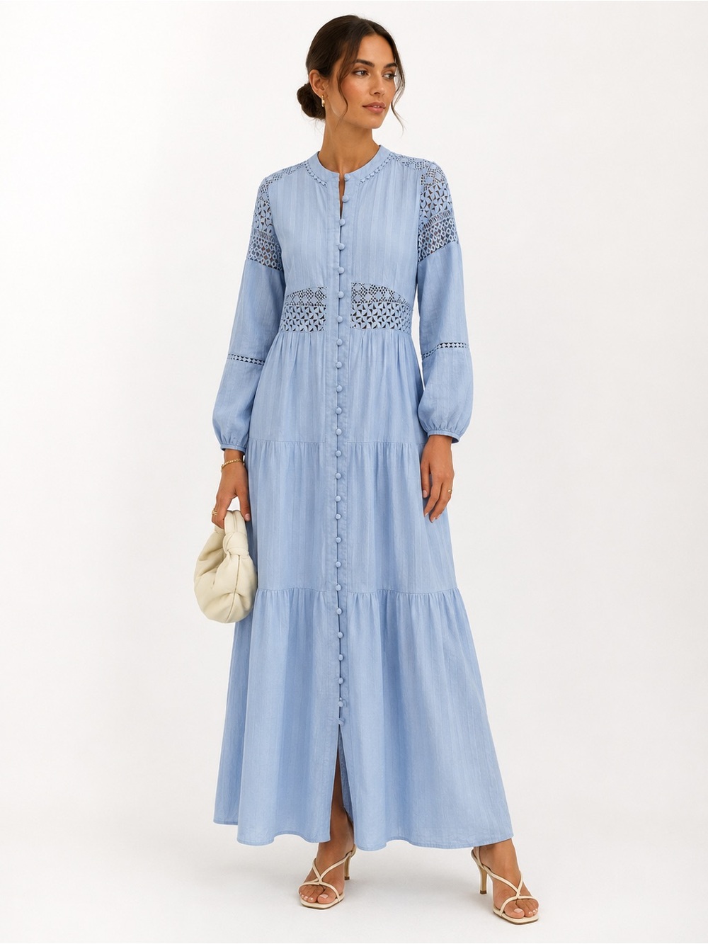 Light‎ Blue Button-Front Maxi Dress with Lace Insets